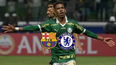 Estevão Willian celebrates his goal for Palmeiras while the FC Barcelona and Chelsea badge are below him. (Source: FC Barcelona Noticias)