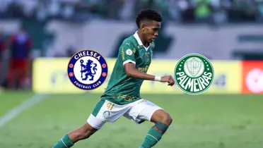 Estevão Willian dribbles with the ball as the Palmeiras and Chelsea badges are next to him. (Source: Fabrizio Romano X)