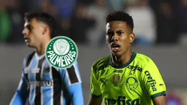 Estêvão Willian looks confused as he wears the Palmeiras away jersey and the club badge is next to him. (Source: Palmeiras X)
