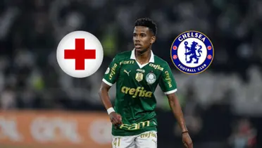 Estêvão Willian looks tired as he wears the Palmeiras jersey as the Chelsea badge and the injury signal is next to him. (Source: CFCFofana X)