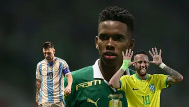 Estevão Willian wears the Palmeiras jersey while Lionel Messi wears the Argentina jersey looking down and Neymar does his celebration with the Brazil jersey on. (Source: Getty Images, Team Neymar X) 