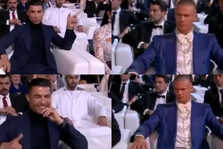 Ronaldo pointing at Haaland at the awards