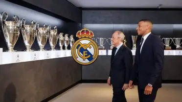 Florentino Perez and Kylian Mbappé looka the Champions League trophies while the Real Madrid badge is in between. (Source: Fabrizio Romano X)
