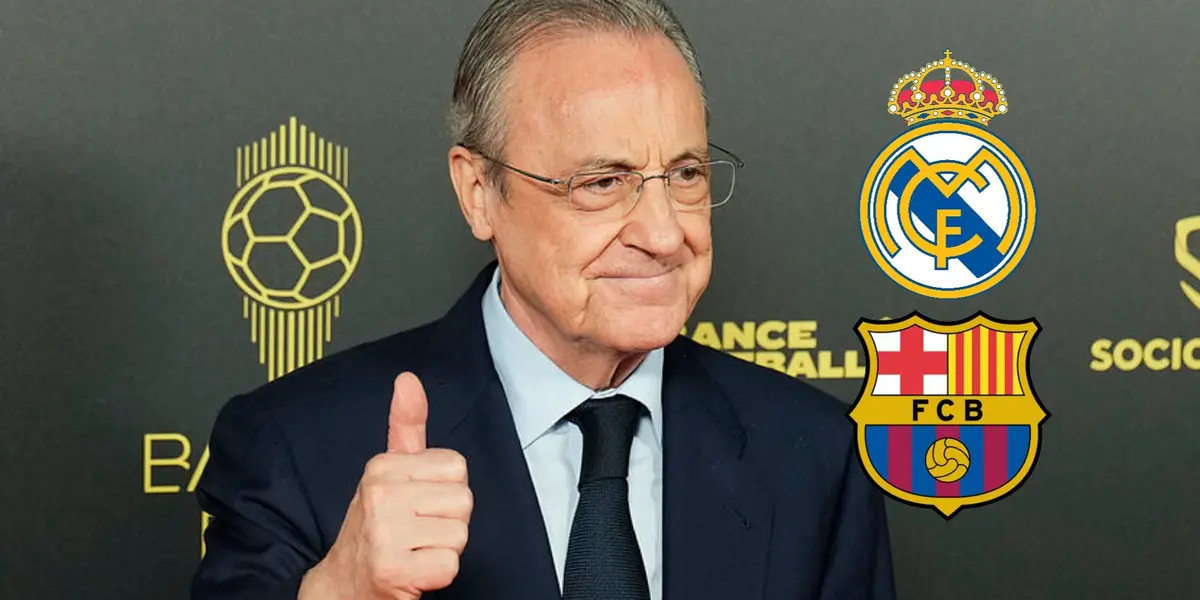 Florentino Perez gives a thumbs up and smiles while the badges of Real Madrid and FC Barcelona are next to him.