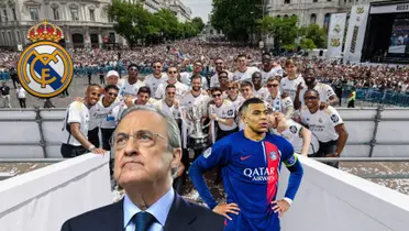 Florentino Perez looks up in the sky and Kylian Mbappé puts his hands on his hips wearing a PSG shirt; Real Madrid players lift the La Liga trophy.
