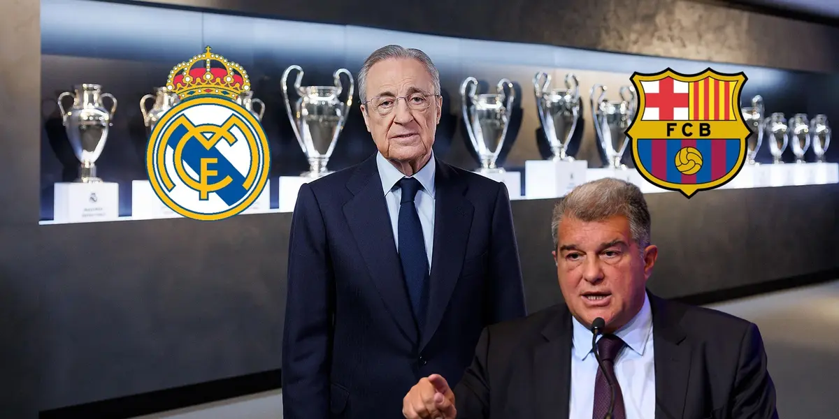 Florentino Perez stands wearing a suit with Champions League trophies behind him while Joan Laporta points, wearing a suit. The Real Madrid & FC Barcelona logos are there as well.