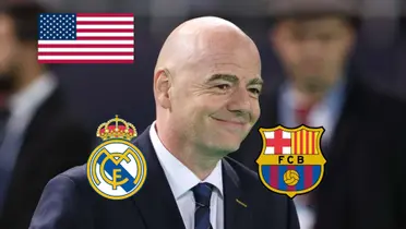 Gianni Infantino smiles while the USA flag is on the left and the Real Madrid and FC Barcelona badges are below.