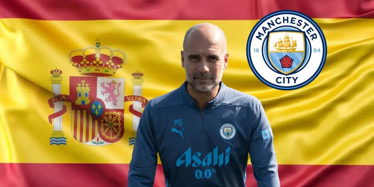 Guardiola con la bandera de España y escudo Del City/FOTO: Manchester City