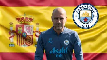 Guardiola con la bandera de España y escudo Del City/FOTO: Manchester City