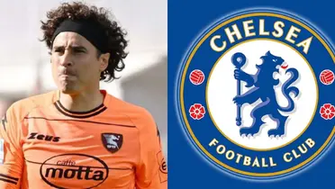 Guillermo Ochoa with the Salernitana jersey and the Chelsea badge.