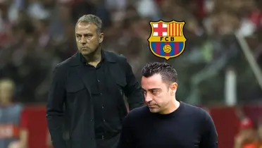 Hansi Flick looks onto the pitch while Xavi Hernandez glances to his right; the FC Barcelona logo is on top of Xavi.