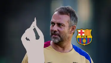 Hansi Flick looks to the right with the Barcelona kit and the mystery player is next to him; the FC Barcelona badge is also next to Flick. (Source: FC Barcelona X)