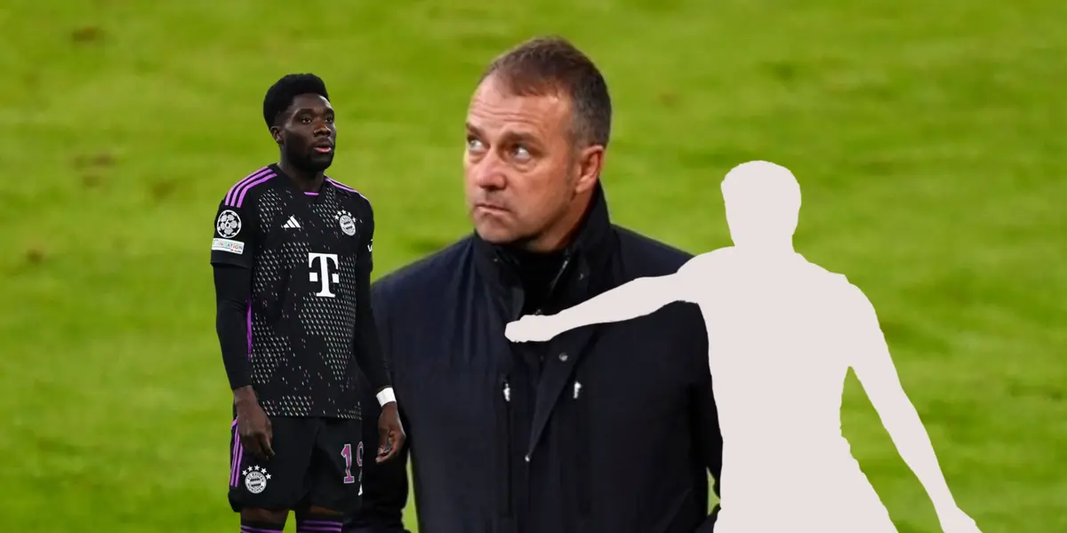 Hansi Flick looks up and Alphonso Davies wears the away Bayern Munich kit; the mystery player is next to them.