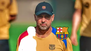 Hansi Flick wears the FC Barcelona training outfit with a hat on as a mystery player is next to the club badge. (Source: Barca Times X)