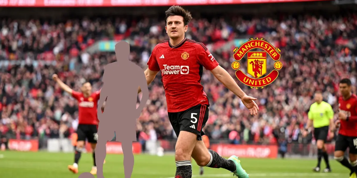 Harry Maguire celebrates his goal for Manchester United as a mystery player is next to him and the Man United logo as well. (Source: Harry Maguire X)
