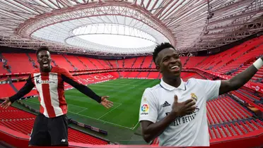 Iñaki Williams and Vinicius Jr. celebrate their goals with the background of the San Mames. 