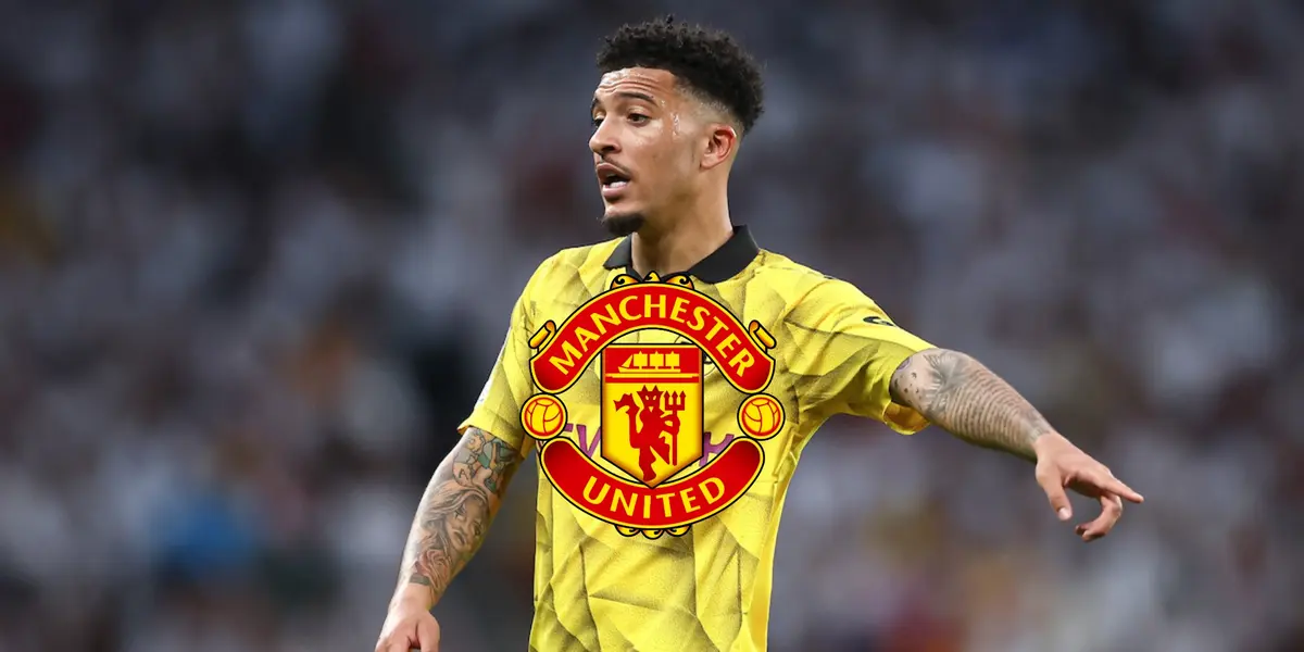Jadon Sancho points while wearing a Borussia Dortmund jersey and the Manchester United badge is in the middle.