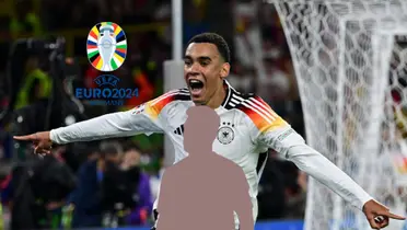 Jamal Musiala celebrates a goal with Germany as the EURO 2024 logo is next to him and a mystery player is below him. (Jamal Musiala X) 