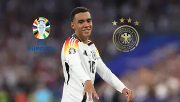 Jamal Musiala does his trademark celebration while the EURO 2024 logo and the German national team badge is next to him. (Source: Get German Football News)