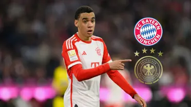 Jamal Musiala points to the side as he wears the Bayern Munich jersey as the Bayern Munich badge and the Germany national team badge is next to him. (Source: Fabrizio Romano X)