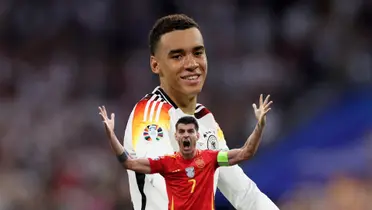 Jamal Musiala smiles as he scored for Germany at EURO 2024 while Alvaro Morata screams with a Spain jersey at EURO 2024. (Source: Getty Images, UEFA EURO 2024)