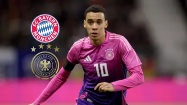 Jamal Musiala wears the pink Germany jersey while the Bayern Munich badge and the Germany national team badge is next to him. (Source: Getty Images)