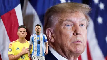 James Rodriguez and Lionel Messi wear their national team jerseys as Donald Trump looks serious. (Source: Getty Images, Messi Xtra, LigadeCampeones X)