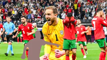 Jan Oblak celebrates a penalty save while Cristiano Ronaldo puts his hands on his head in disbelief and a mystery player points at him. (Source: BR Football X)