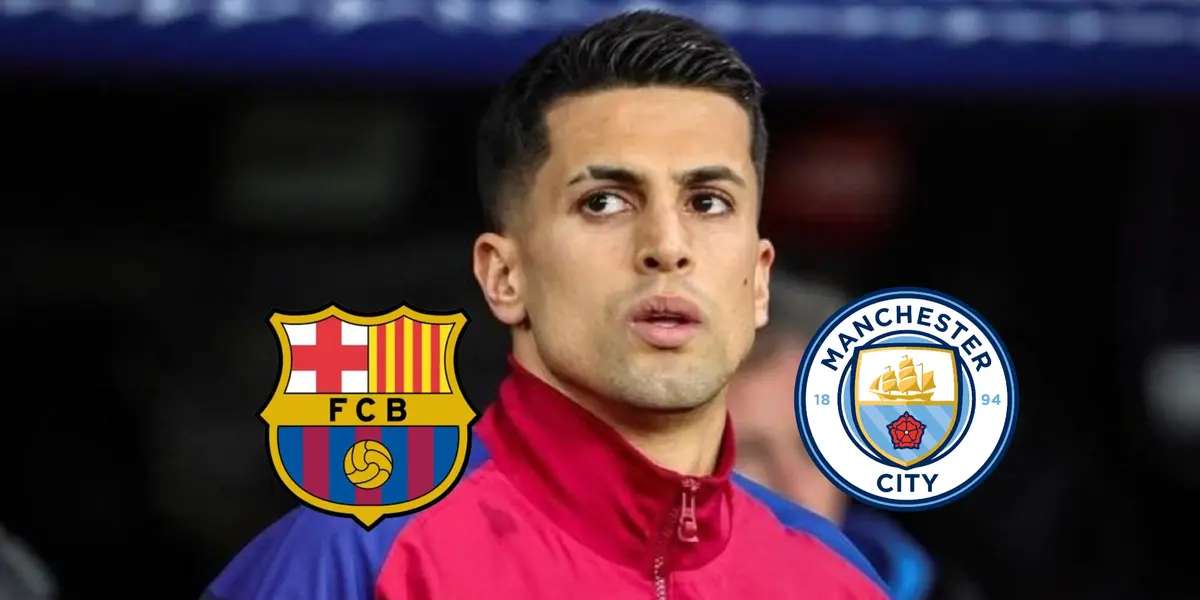Joao Cancelo looks to his left while wearing an FC Barcelona jacket and the FC Barcelona and Man City badges are next to him. (Source: FC Barcelona X)