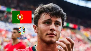 João Neves claps to the fans as he wears the Portugal jersey; the Portugal flag and the EURO 2024 logo is next to him. (Source: SL Benfica X, UEFA)