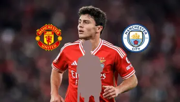 João Neves runs with the Benfica jersey while the Manchester United and the Manchester City logo while the mystery player is below him. (Source: The United Stand X)