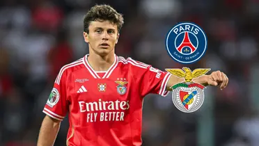 João Neves wears the Benfica jersey while the PSG and Benfica badges are next to him. (Source: Getty Images)