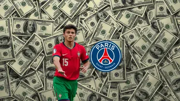 João Neves wears the Portugal jersey at EURO 2024 while he next to the PSG badge and money is in the background. (Source: DeadlineDayLive X)