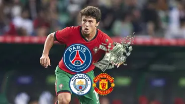 João Neves wears the Portugal jersey while the PSG logo is next to flying $100 bills; the Manchester City and Manchester United badges are below it. (Source: DeadlineDayLive X)