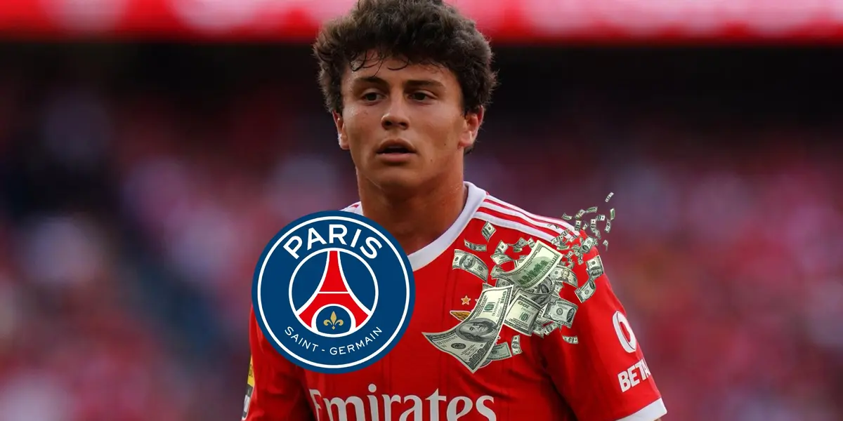 João Neves wears the SL Benfica jersey as the PSG badge is below him and flying bills of money is next to it as well. (Source: Deadline Day X)