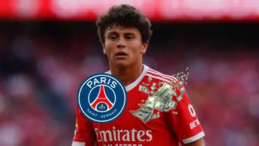 João Neves wears the SL Benfica jersey as the PSG badge is below him and flying bills of money is next to it as well. (Source: Deadline Day X)