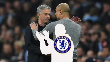 Jose Mourinho and Pep Guardiola greet each other while the mystery manager as the Chelsea badge on him.