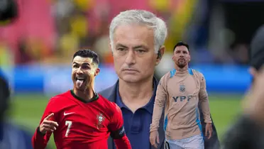 Jose Mourinho looks serious while Cristiano Ronaldo sticks out his tongue and Lionel Messi looks up.