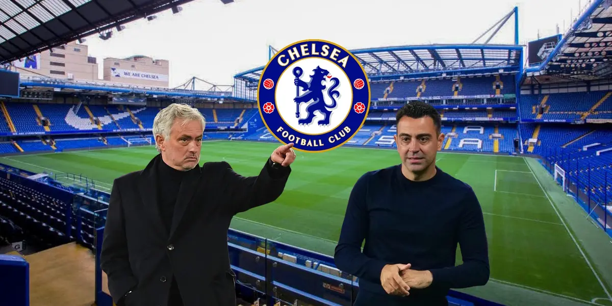 Jose Mourinho points and Xavi slightly smiles with the Chelsea badge is in the middle. Stamford Bridge is the background.