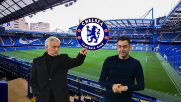 Jose Mourinho points and Xavi slightly smiles with the Chelsea badge is in the middle. Stamford Bridge is the background.