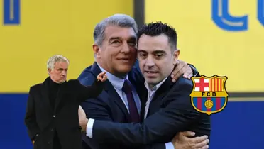 Jose Mourinho points while Joan Laporta and Xavi Hernandez hug each other next to the FC Barcelona badge.