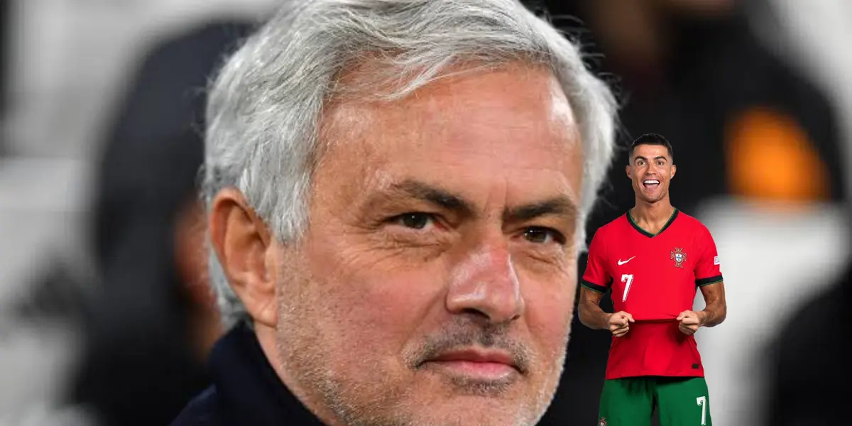 Jose Mourinho slightly grins while Cristiano Ronaldo smiles at the camera and holds on his Portugal national team jersey.