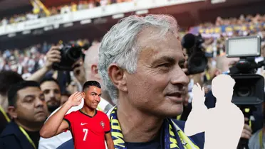 Jose Mourinho smiles while wearing the Fenerbahçe scarf; Cristiano Ronaldo smiles and does a pose while a mystery player is next to him.