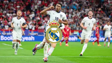 Jude Bellingham celebrates his goal for England while the Real Madrid badge is in the middle.