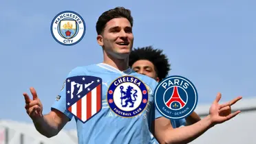 Julian Alvarez celebrates his goal with his trademark celebration while the badges of Atletico Madrid, Chelsea, and PSG are below him.