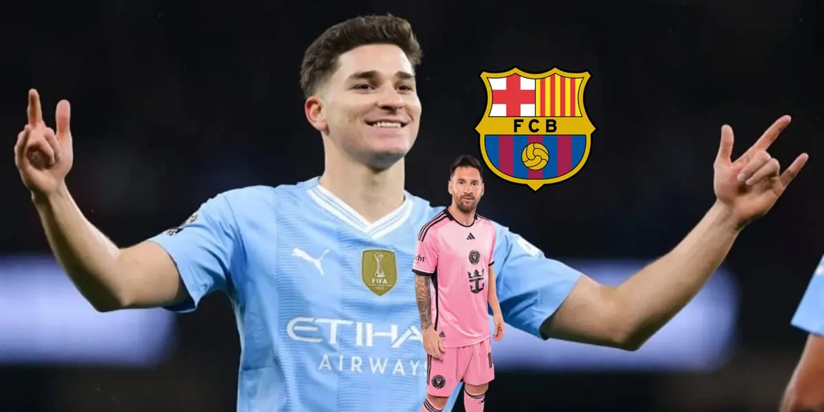 Julian Alvarez does his trademark celebration while Lionel Messi poses with the Inter Miami jersey; the FC Barcelona badge is next to them.