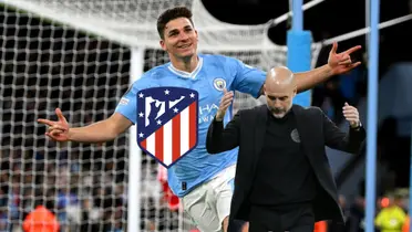 Julian Alvarez does his trademark celebration while Pep Guardiola looks disappointed; the Atletico Madrid badge is next to them.