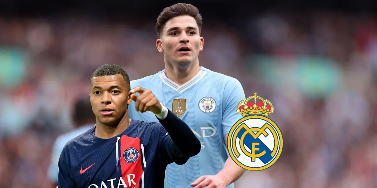 Julian Alvarez walks while wearing the Manchester City jersey; Kylian Mbappé puts his hand up and the Real Madrid badge is next to them.
