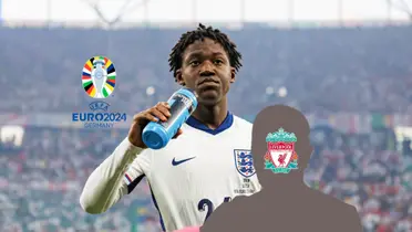 Kobbie Mainoo drinks water while playing for England as the EURO 2024 logo is next to him and a mystery Liverpool legend is below him. (Source: ManUtdMEN X, UEFA)