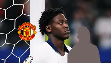 Kobbie Mainoo looks disappointed as he wears the England jersey at the EUROS while the Manchester United logo is next to him and below him is his blurred new look. (Source: KobbieMaiinoo X)
